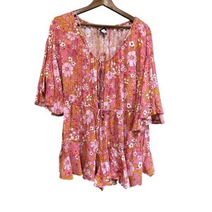 HYFVE Floral Print Romper Women's Medium Pink Yellow White V Neck Tie Ruffle